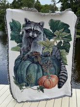 Load image into Gallery viewer, Raccoon + Pumpkins Blanket/Tapestry