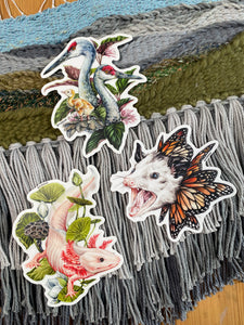Crane, Opossum, Axolotl sticker set