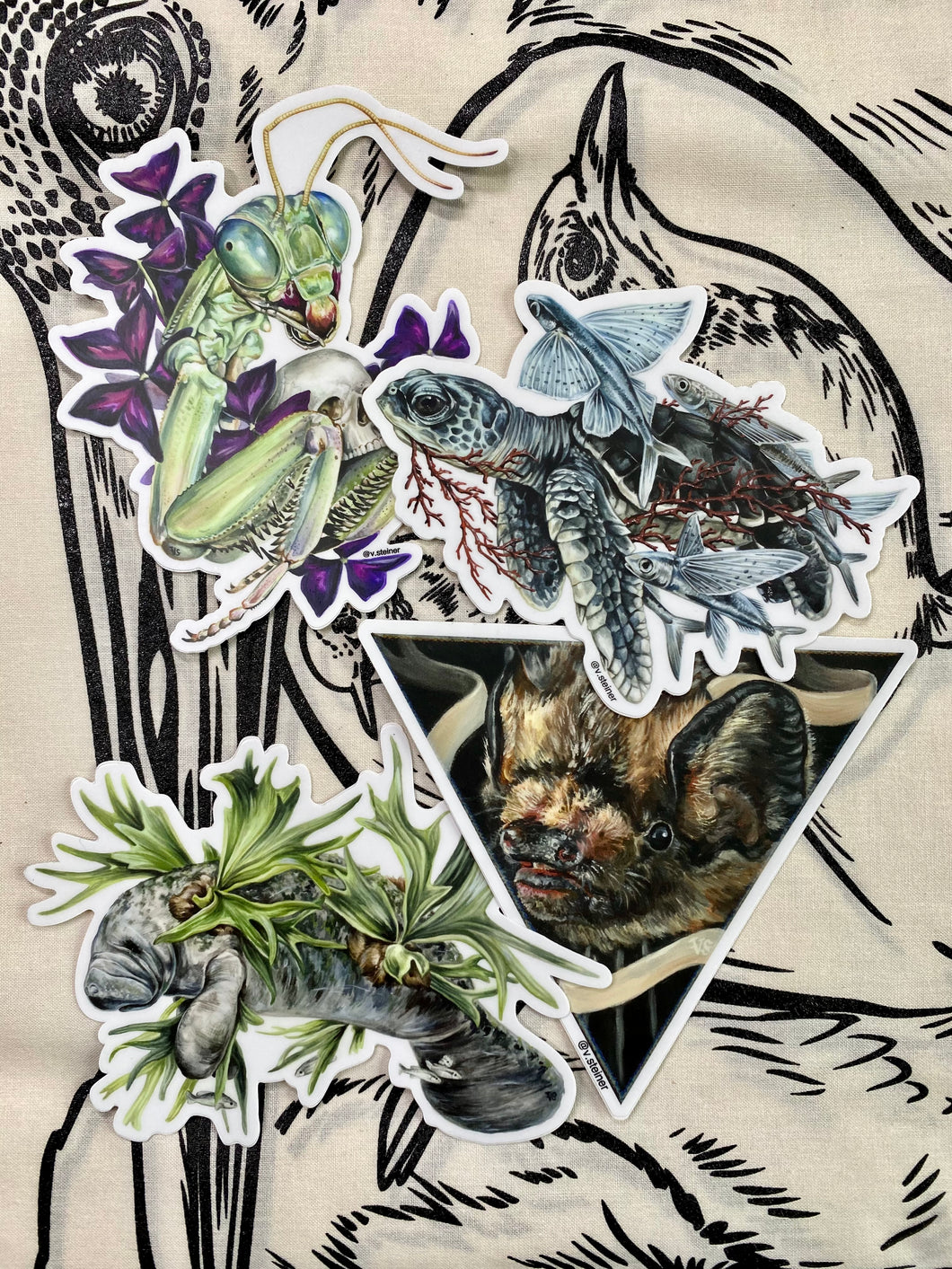 Set of 4 stickers- mantis, turtle, bat and manatee